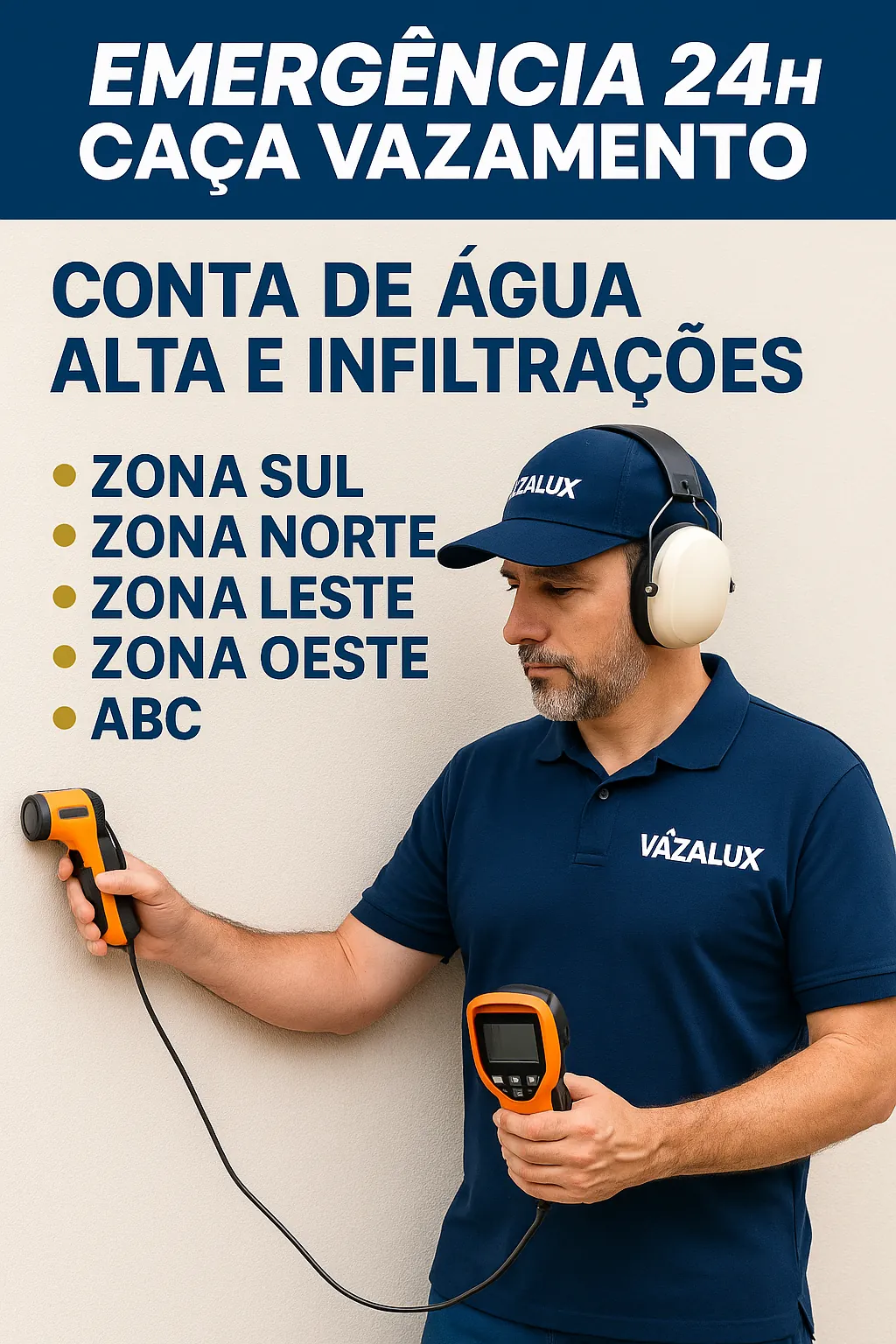 Técnico Vazalux detectando vazamento 24h