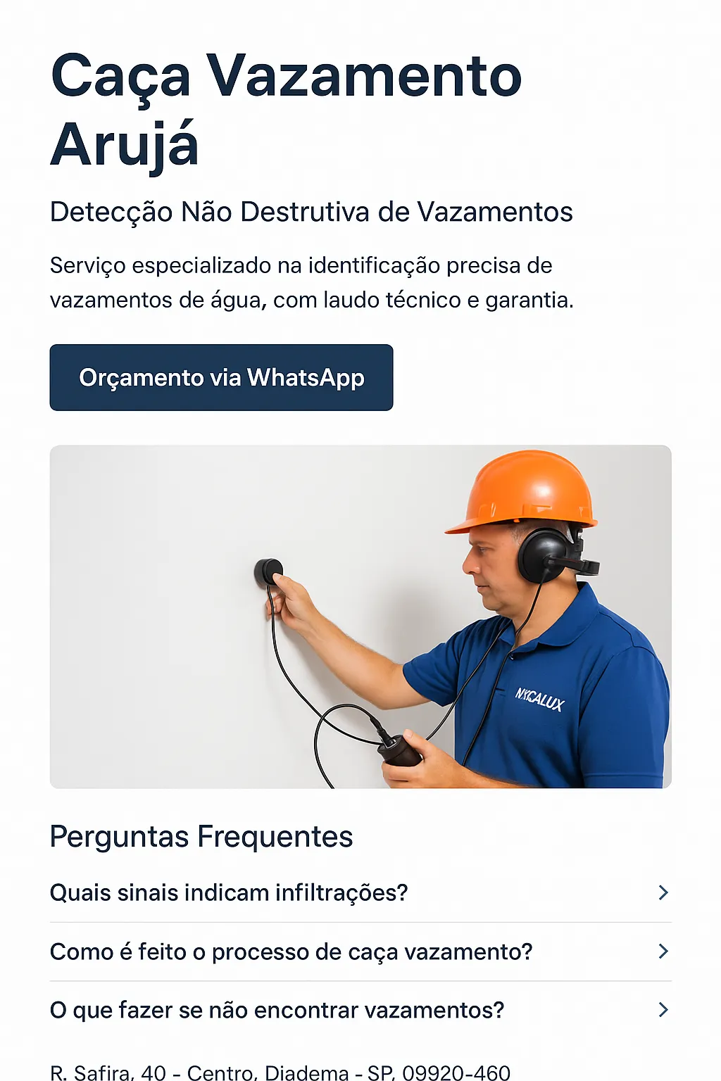 Técnico da Vazalux realizando detecção de vazamento em Arujá com geofone