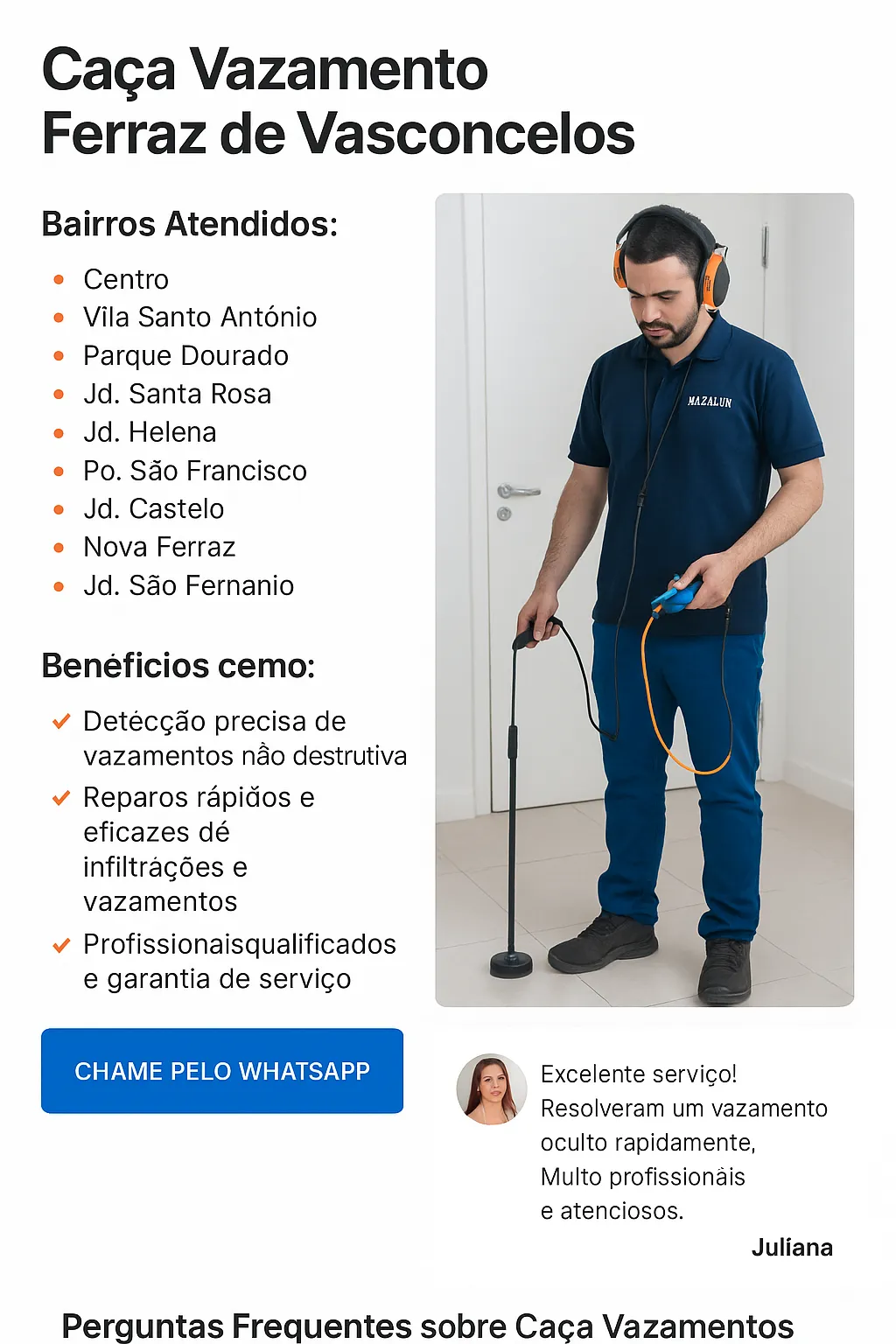Técnico da Vazalux realizando detecção de vazamento em Ferraz de Vasconcelos com geofone