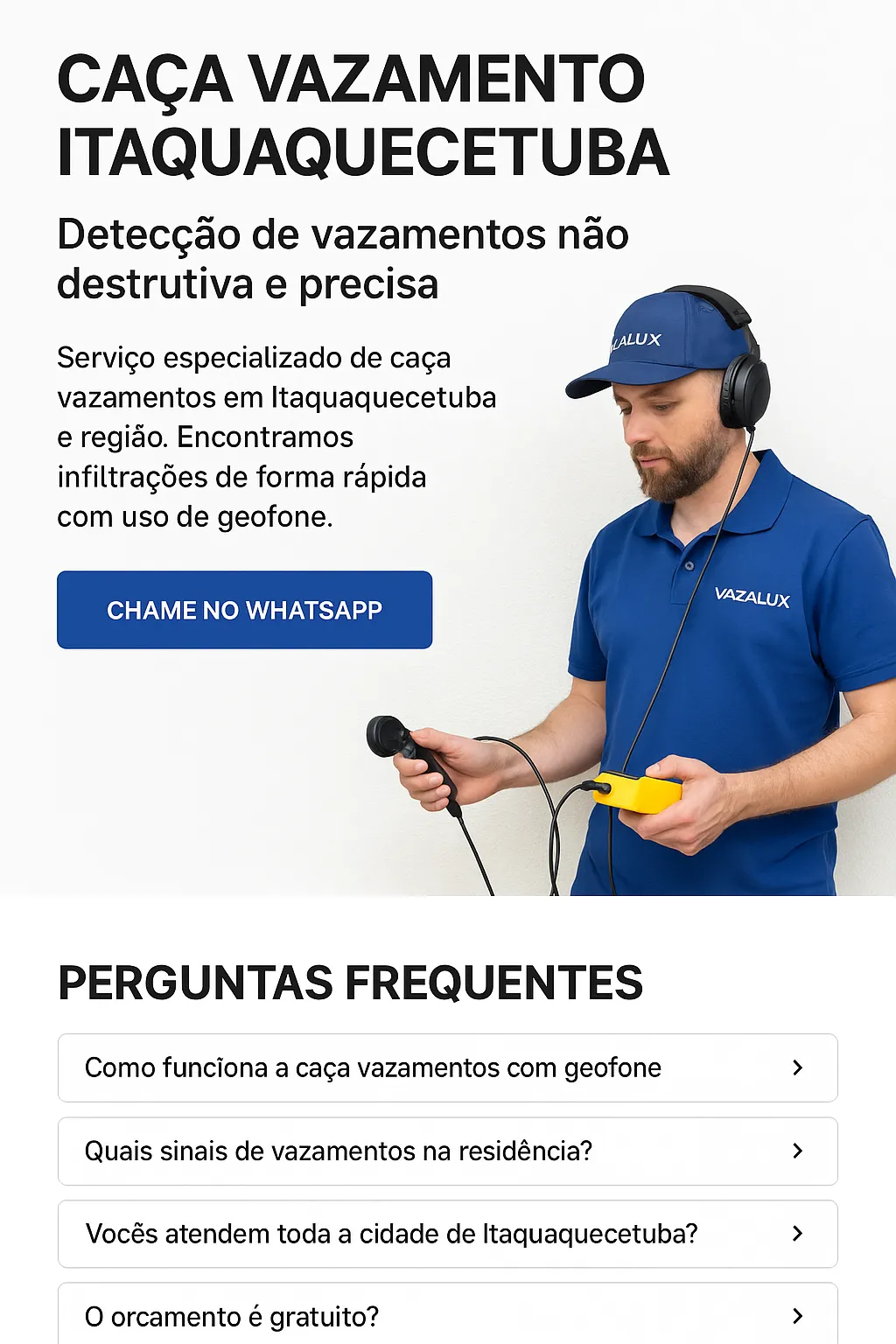 Técnico da Vazalux realizando detecção de vazamento em Itaquaquecetuba com geofone