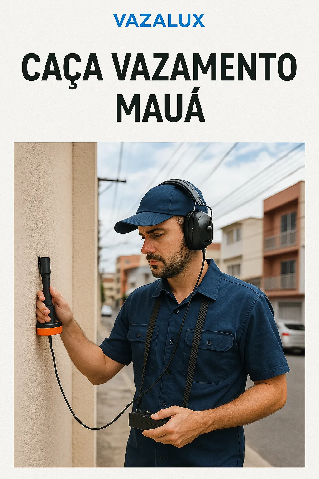 Técnico da Vazalux realizando detecção de vazamento em Mauá com geofone