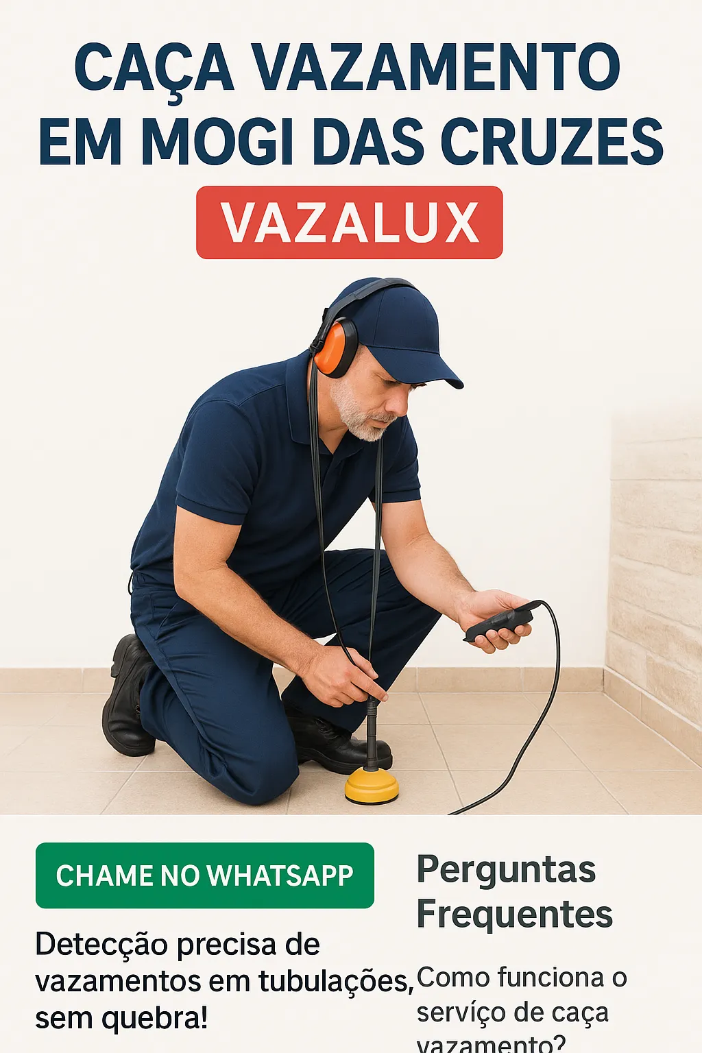 Técnico da Vazalux realizando detecção de vazamento em Mogi das Cruzes com geofone