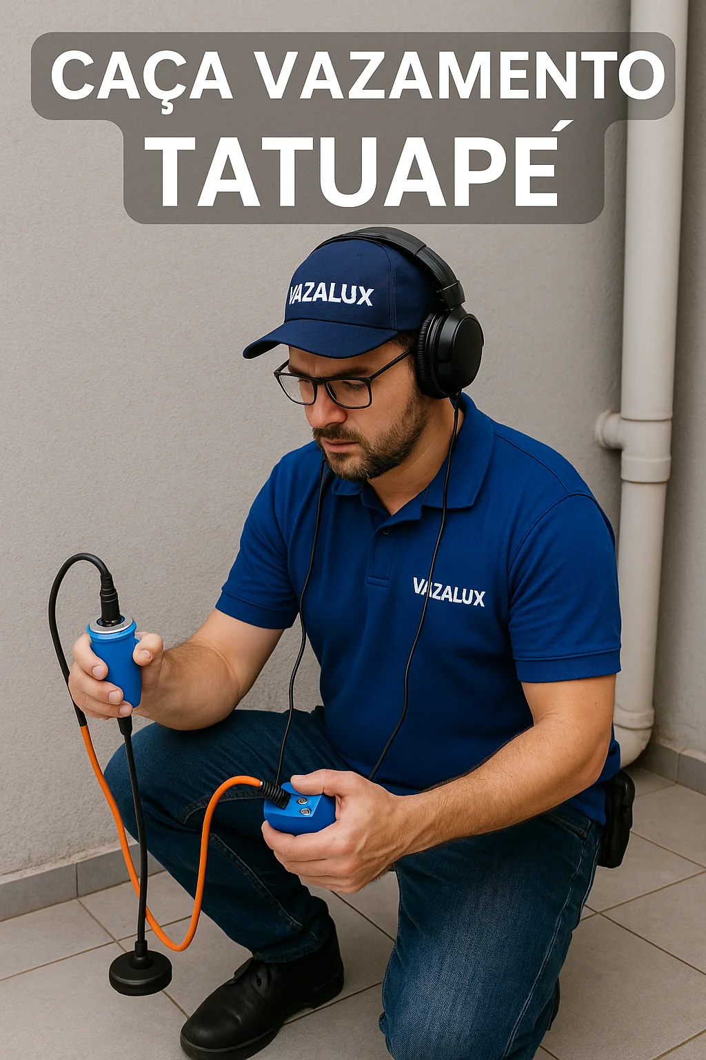 Técnico da Vazalux detectando vazamento no Tatuapé com geofone