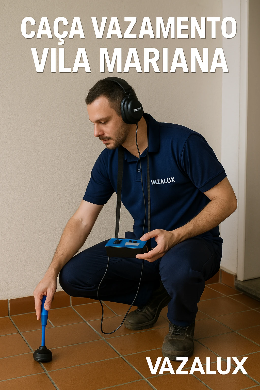 Técnico da Vazalux realizando caça vazamento na Vila Mariana com geofone profissional