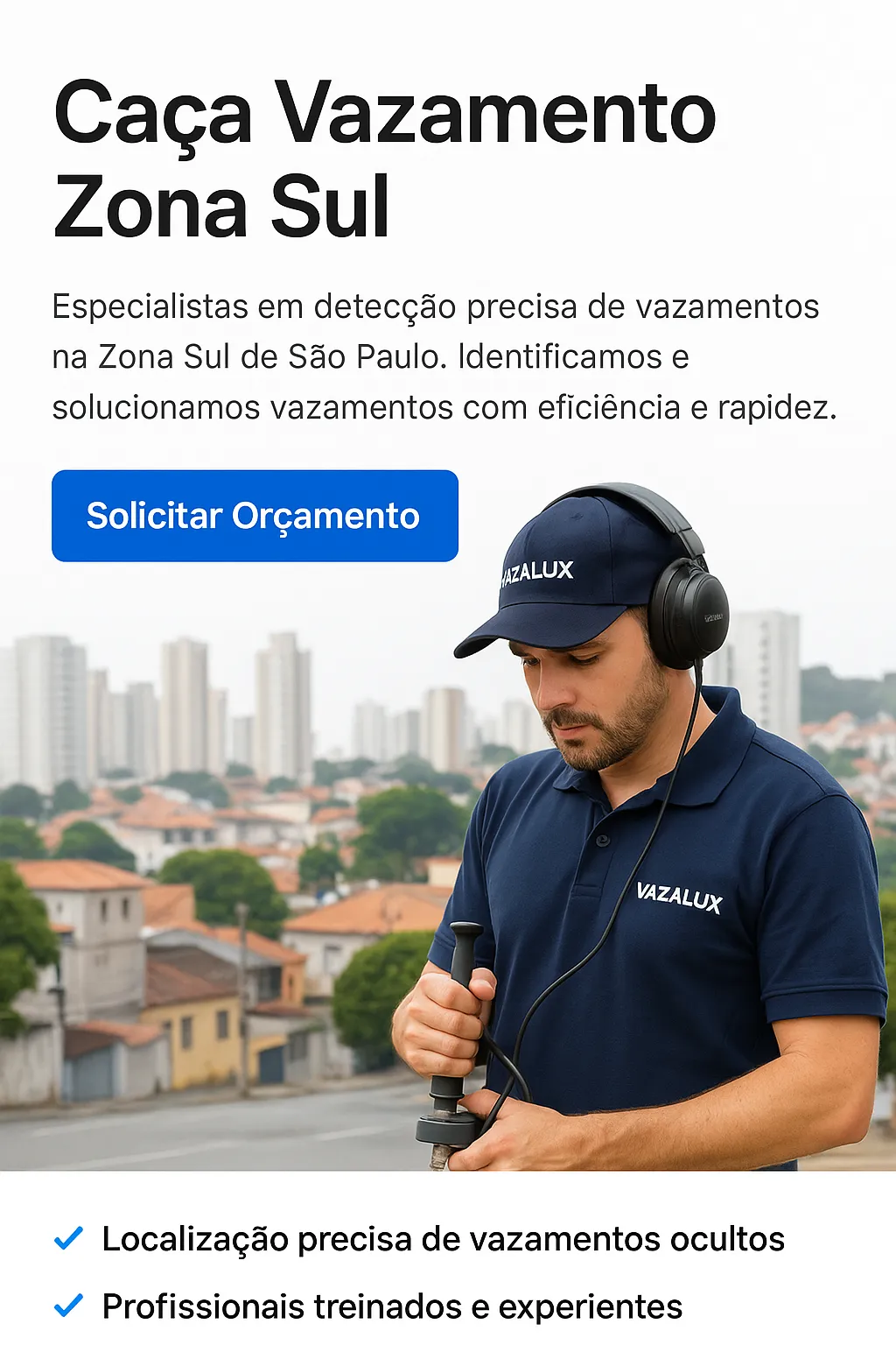 Técnico realizando detecção de vazamento com geofone na Zona Sul de São Paulo