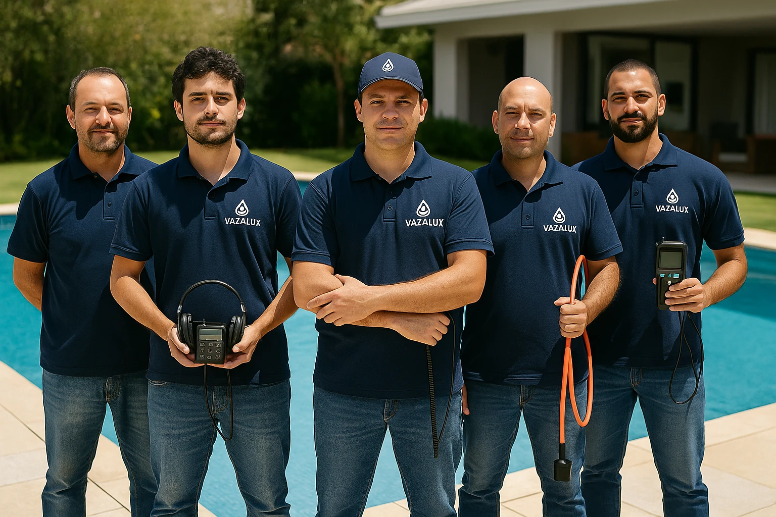 Equipe técnica da Vazalux Piscinas durante inspeção