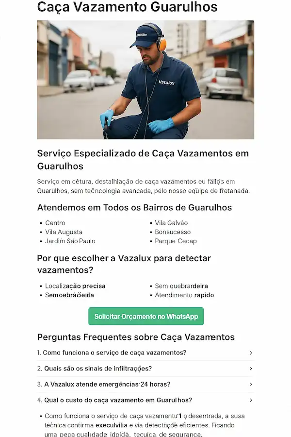 Técnico Vazalux realizando caça vazamento em Guarulhos SP com geofone profissional