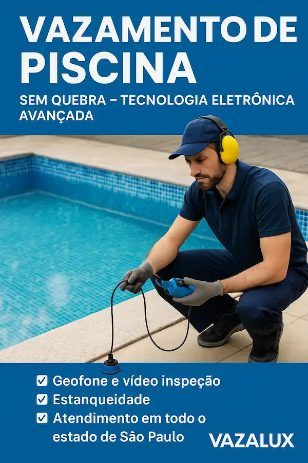 Técnico Vazalux realizando detecção de vazamento de piscina com equipamentos eletrônicos