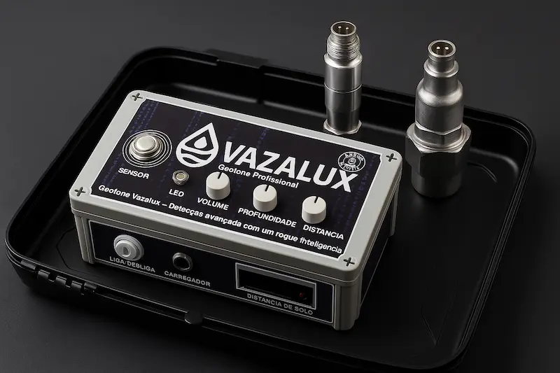 Geofone profissional Vazalux Pro – sensor e estrutura do equipamento de caça vazamento