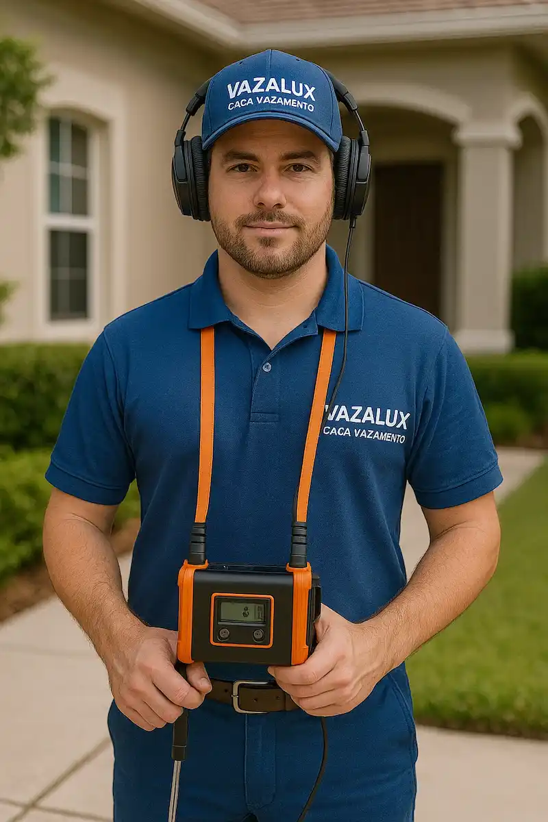 Técnico Vazalux realizando detecção de vazamento com geofone