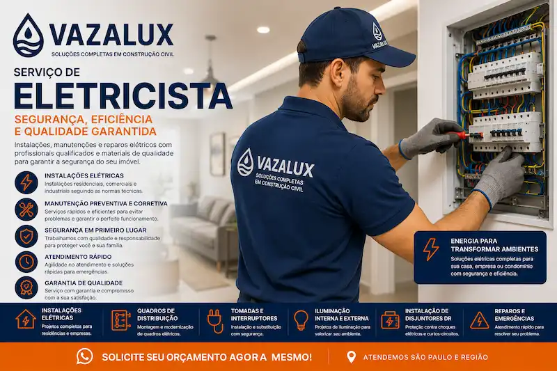 Eletricista em São Paulo realizando instalação elétrica manutenção reparos quadro elétrico tomadas disjuntores e iluminação