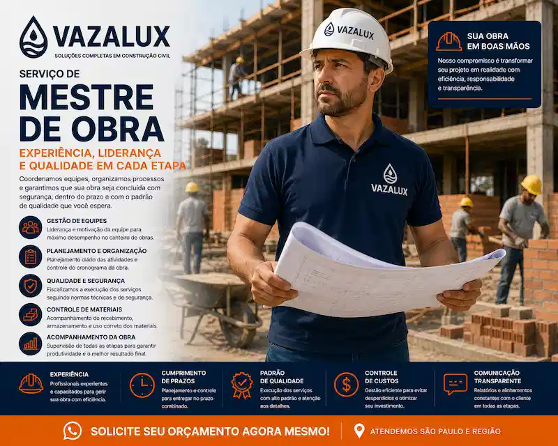 Mestre de obras em São Paulo supervisionando obra reforma equipes materiais cronograma execução e construção civil